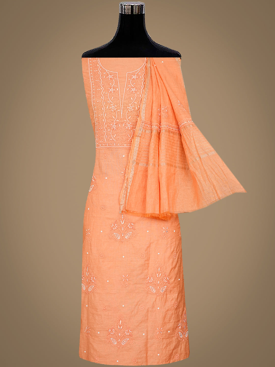 Ada Hand Embroidered Peach Chanderi Lucknowi Chikankari Unstitched Kurta Dupatta Set With Pearl Work 01A890475