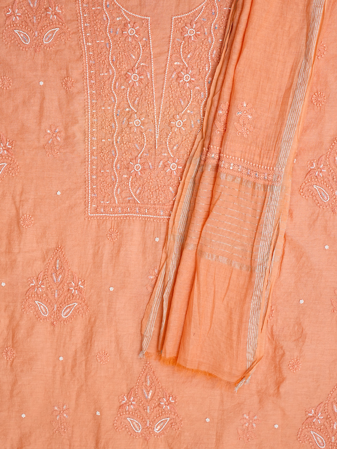 Ada Hand Embroidered Peach Chanderi Lucknowi Chikankari Unstitched Kurta Dupatta Set With Pearl Work 01A890475