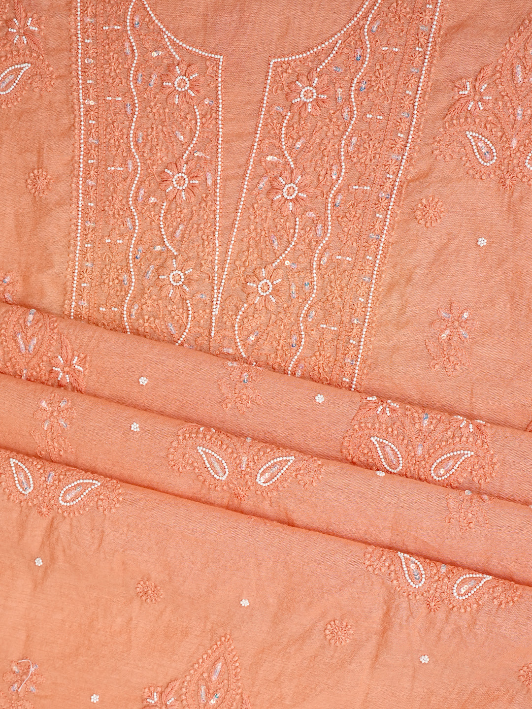 Ada Hand Embroidered Peach Chanderi Lucknowi Chikankari Unstitched Kurta Dupatta Set With Pearl Work 01A890475