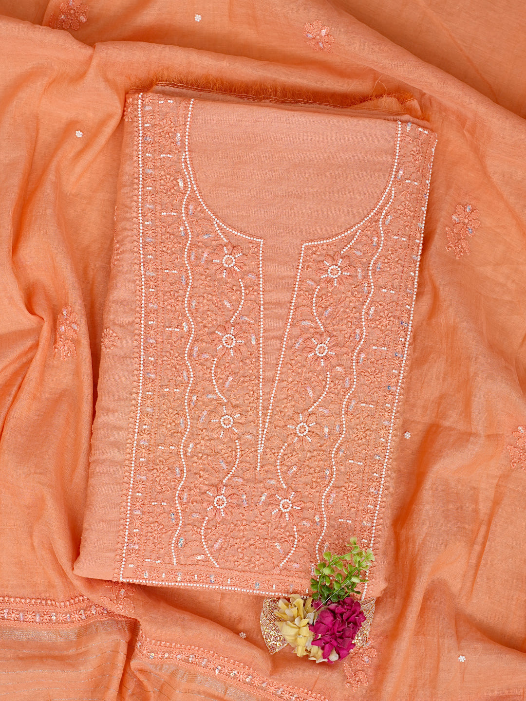 Ada Hand Embroidered Peach Chanderi Lucknowi Chikankari Unstitched Kurta Dupatta Set With Pearl Work 01A890475