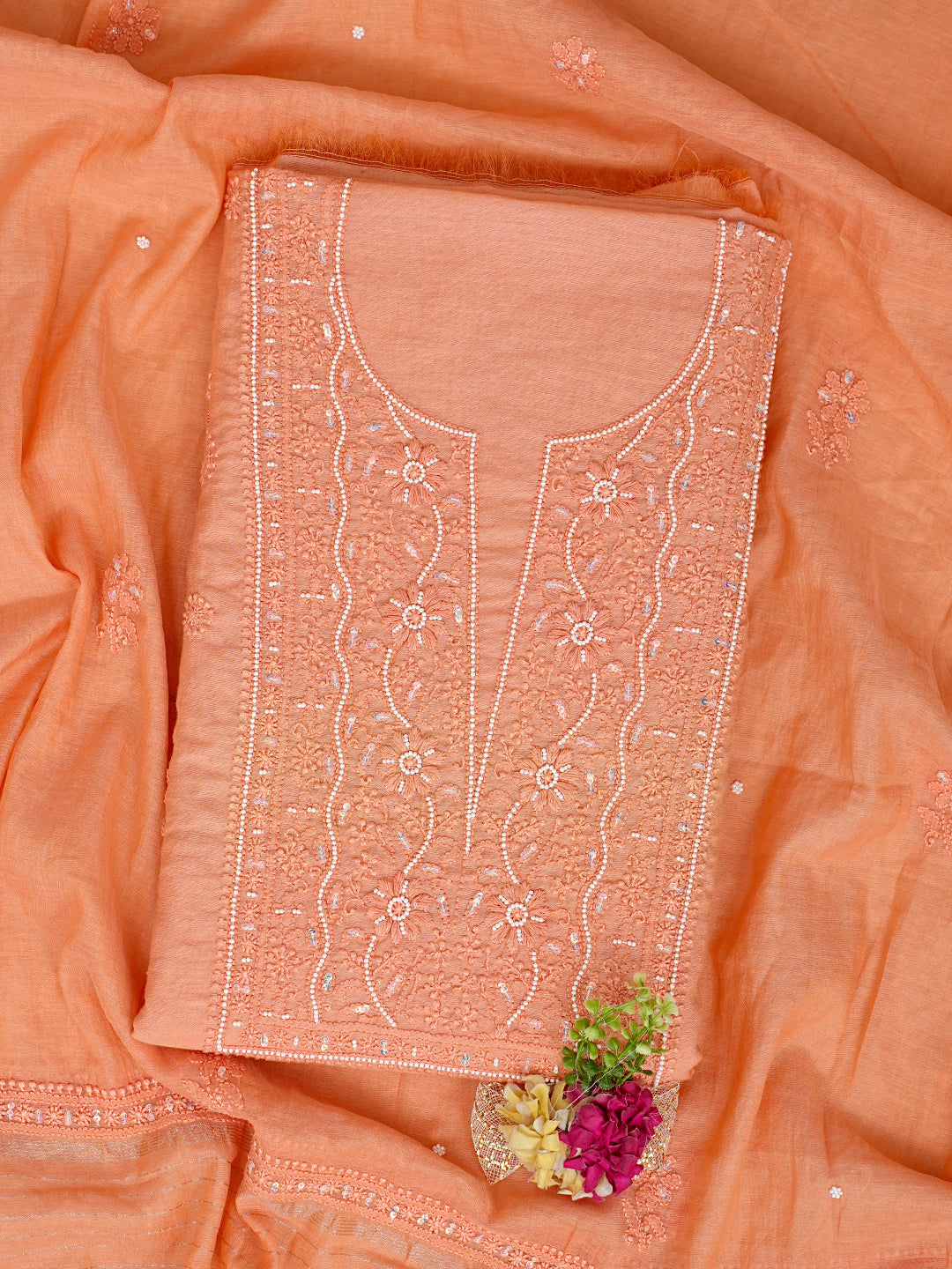 Ada Hand Embroidered Peach Chanderi Lucknowi Chikankari Unstitched Kurta Dupatta Set With Pearl Work 01A890475