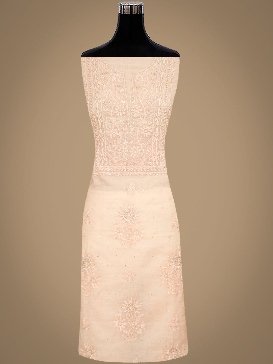Ada Hand Embroidered Peach Chanderi Lucknowi Chikankari Unstitched Kurta Dupatta Set With Sequinned Work 07A500287