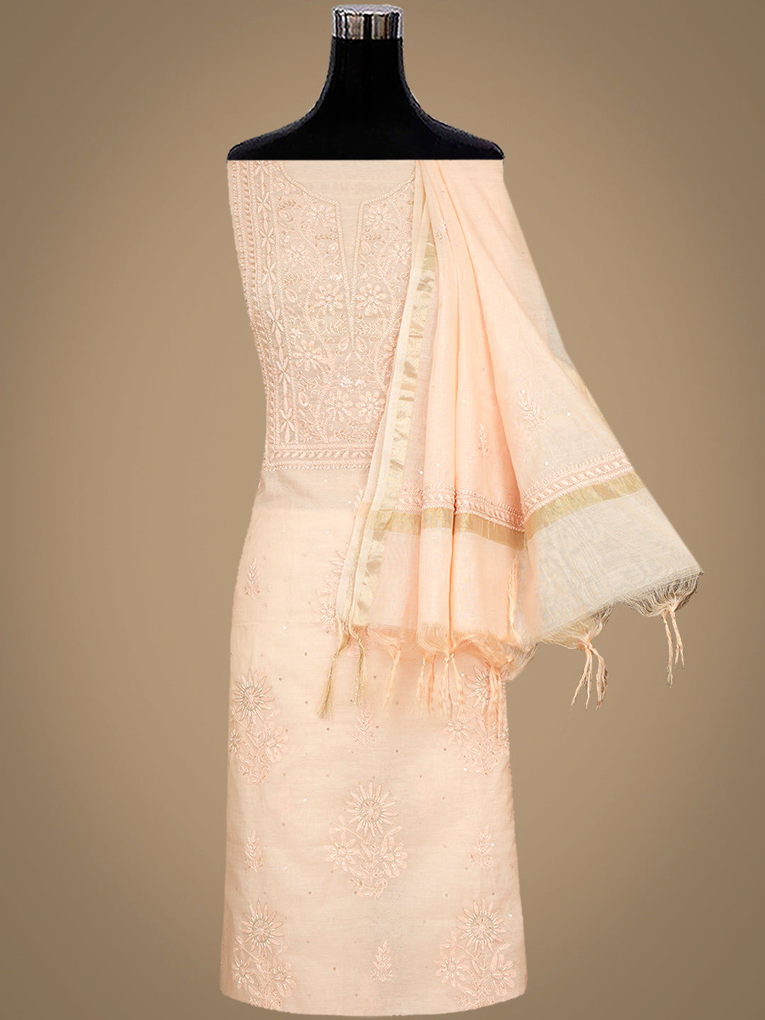 Ada Hand Embroidered Peach Chanderi Lucknowi Chikankari Unstitched Kurta Dupatta Set With Sequinned Work 07A500287