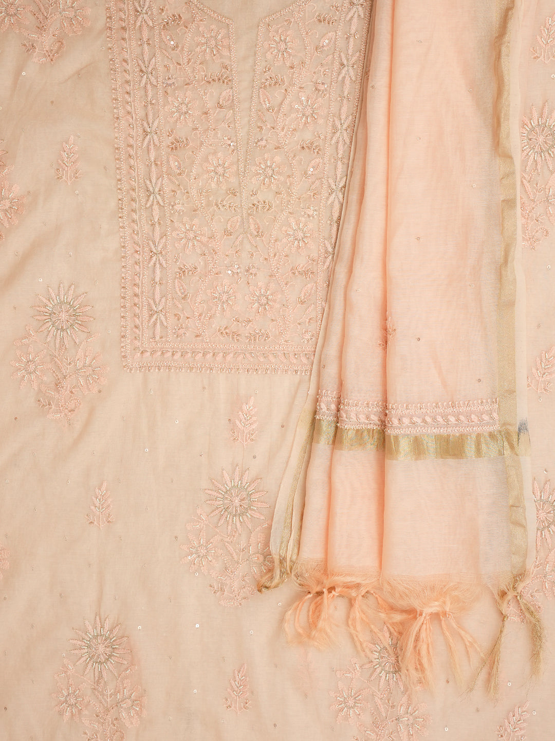 Ada Hand Embroidered Peach Chanderi Lucknowi Chikankari Unstitched Kurta Dupatta Set With Sequinned Work 07A500287