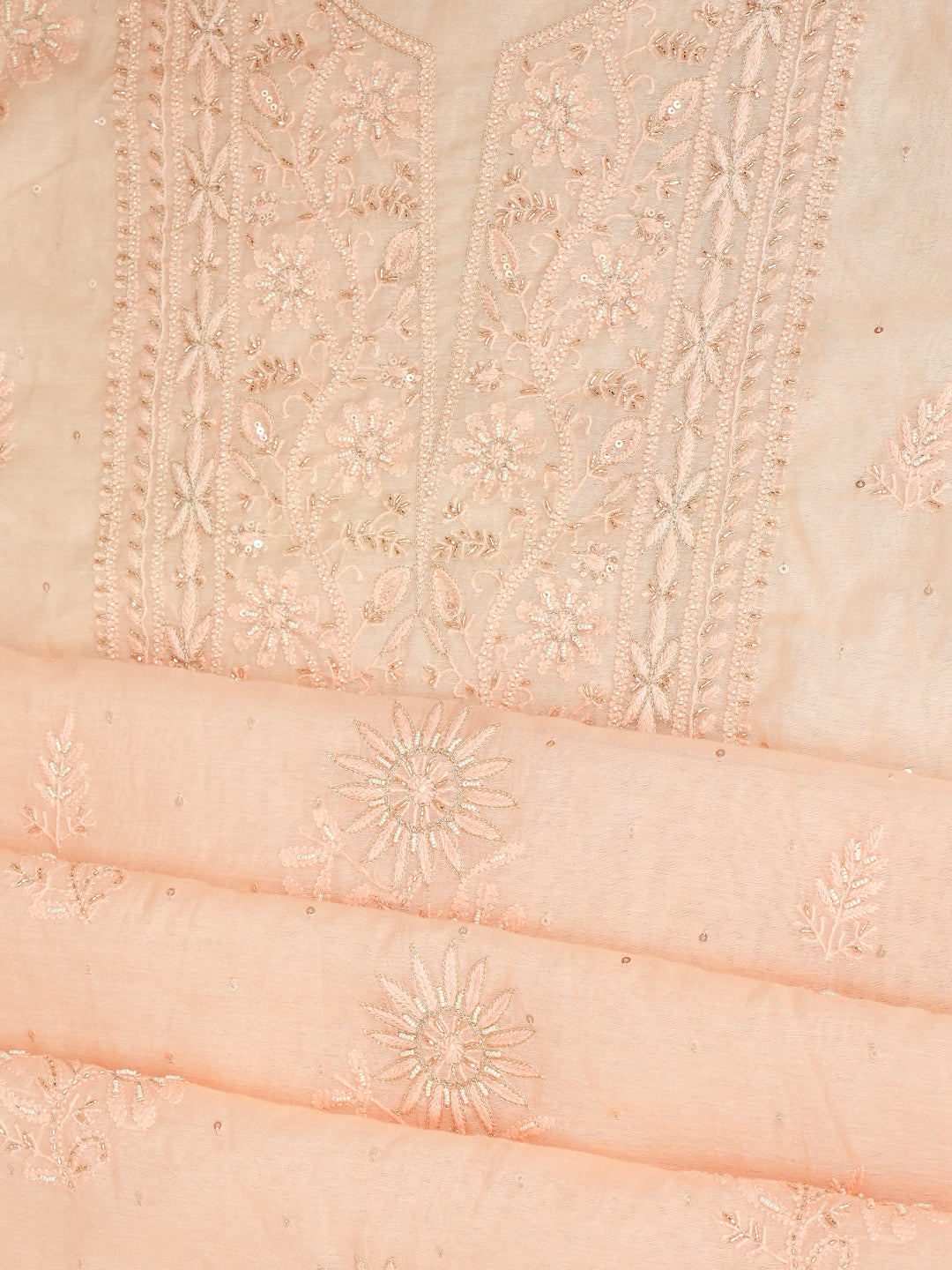 Ada Hand Embroidered Peach Chanderi Lucknowi Chikankari Unstitched Kurta Dupatta Set With Sequinned Work 07A500287