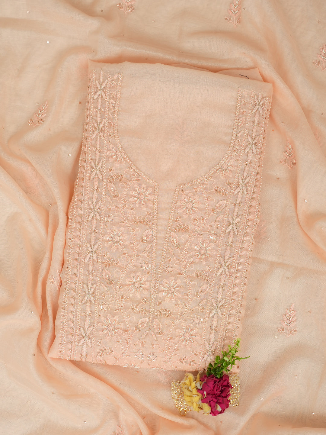 Ada Hand Embroidered Peach Chanderi Lucknowi Chikankari Unstitched Kurta Dupatta Set With Sequinned Work 07A500287