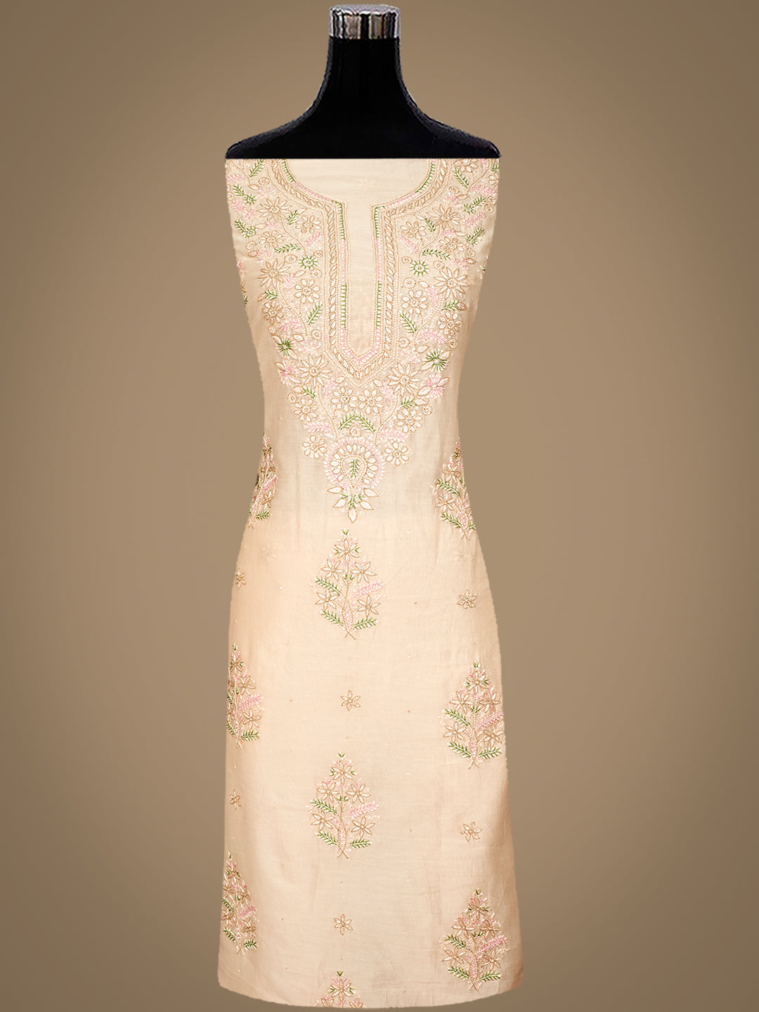 Ada Hand Embroidered Peach Chanderi Lucknowi Chikankari Unstitched Kurta Dupatta Set With Zari Work 01A983145