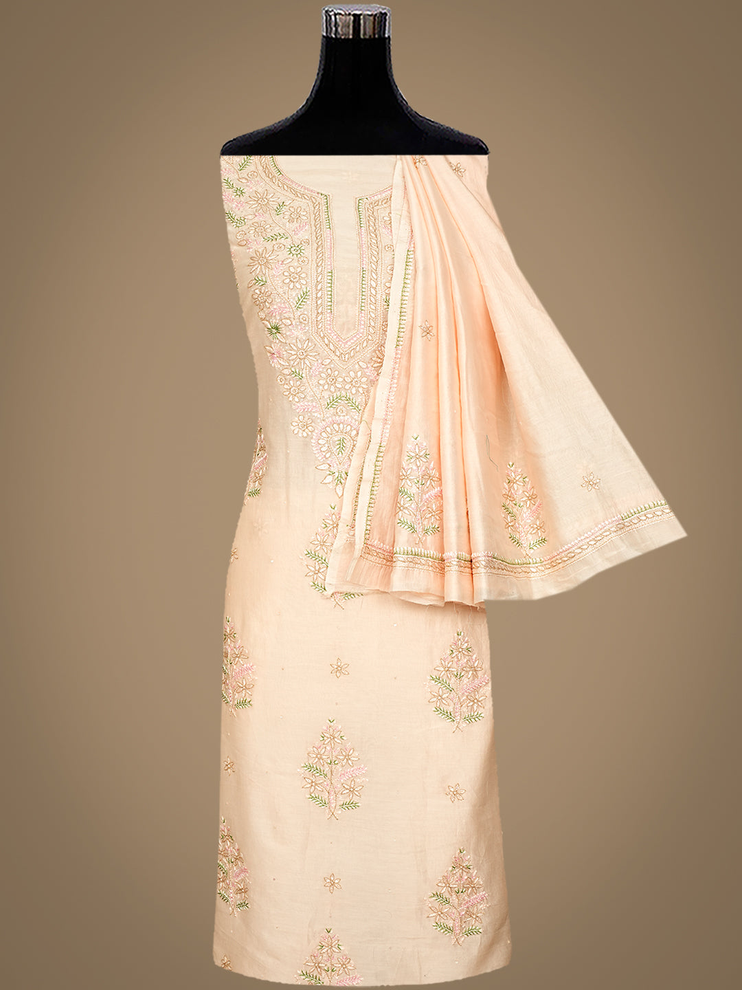 Ada Hand Embroidered Peach Chanderi Lucknowi Chikankari Unstitched Kurta Dupatta Set With Zari Work 01A983145