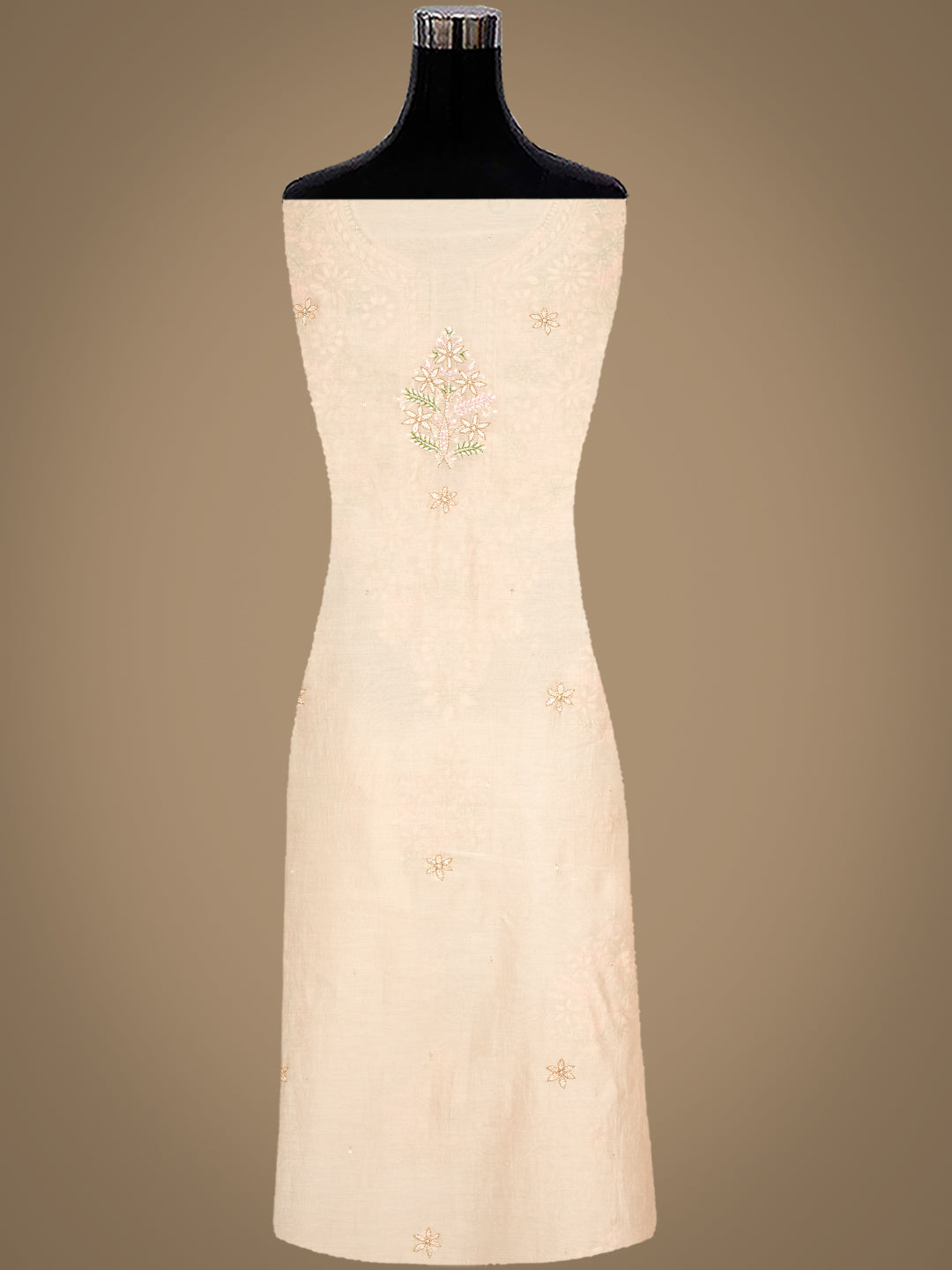 Ada Hand Embroidered Peach Chanderi Lucknowi Chikankari Unstitched Kurta Dupatta Set With Zari Work 01A983145