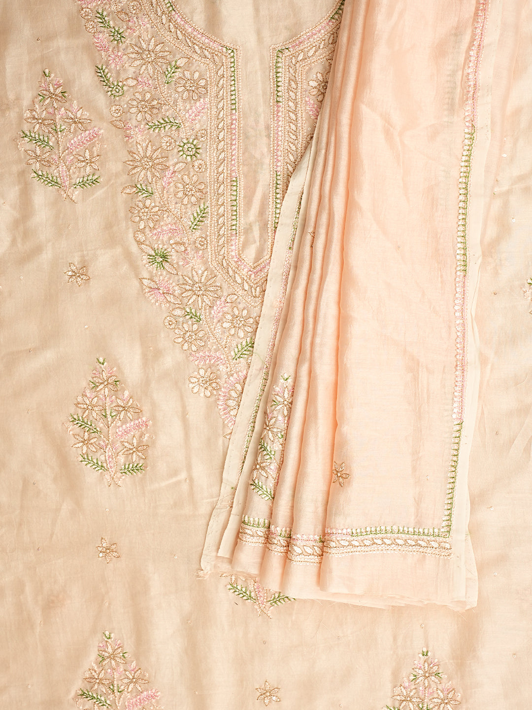 Ada Hand Embroidered Peach Chanderi Lucknowi Chikankari Unstitched Kurta Dupatta Set With Zari Work 01A983145