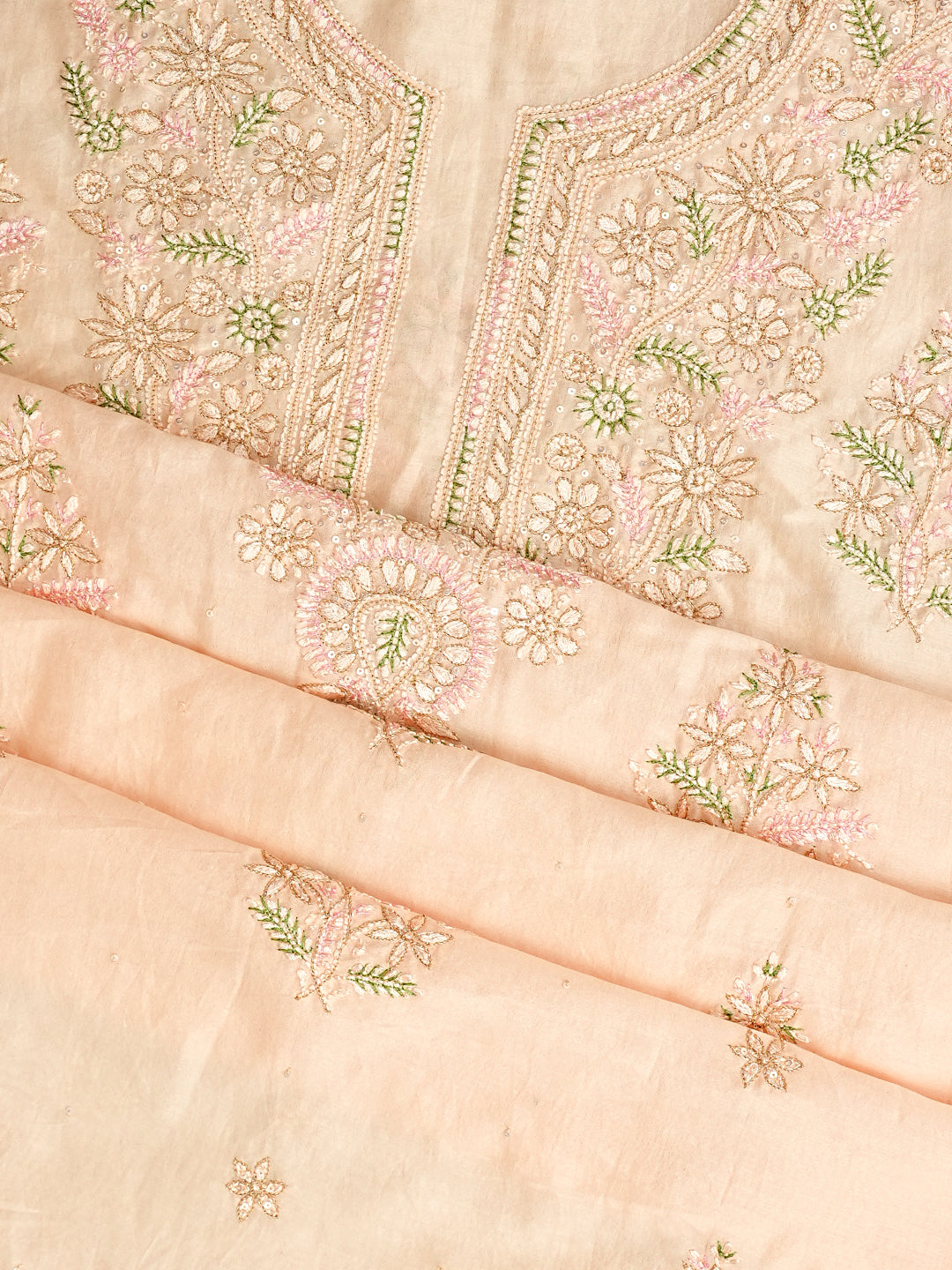 Ada Hand Embroidered Peach Chanderi Lucknowi Chikankari Unstitched Kurta Dupatta Set With Zari Work 01A983145