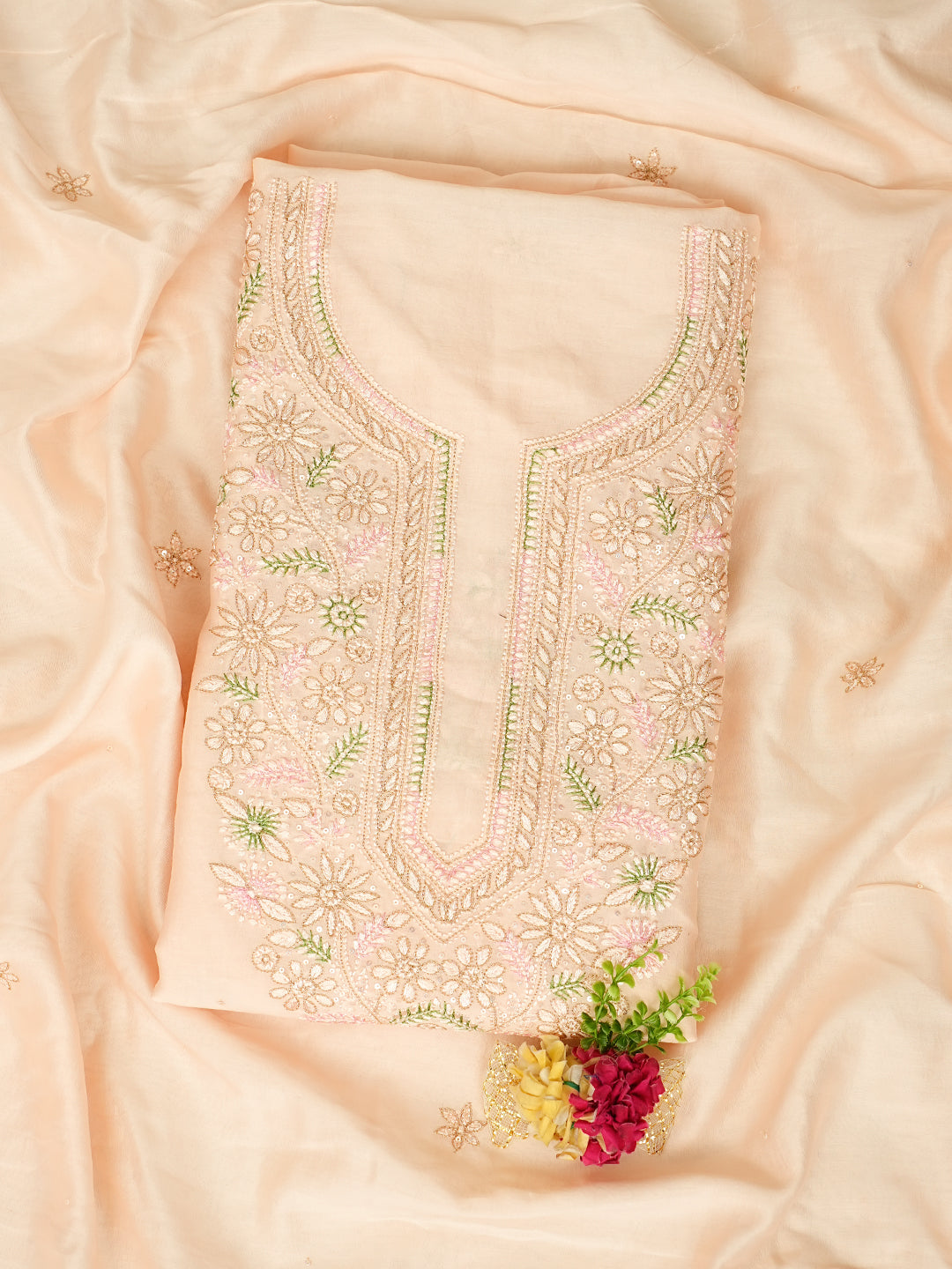 Ada Hand Embroidered Peach Chanderi Lucknowi Chikankari Unstitched Kurta Dupatta Set With Zari Work 01A983145