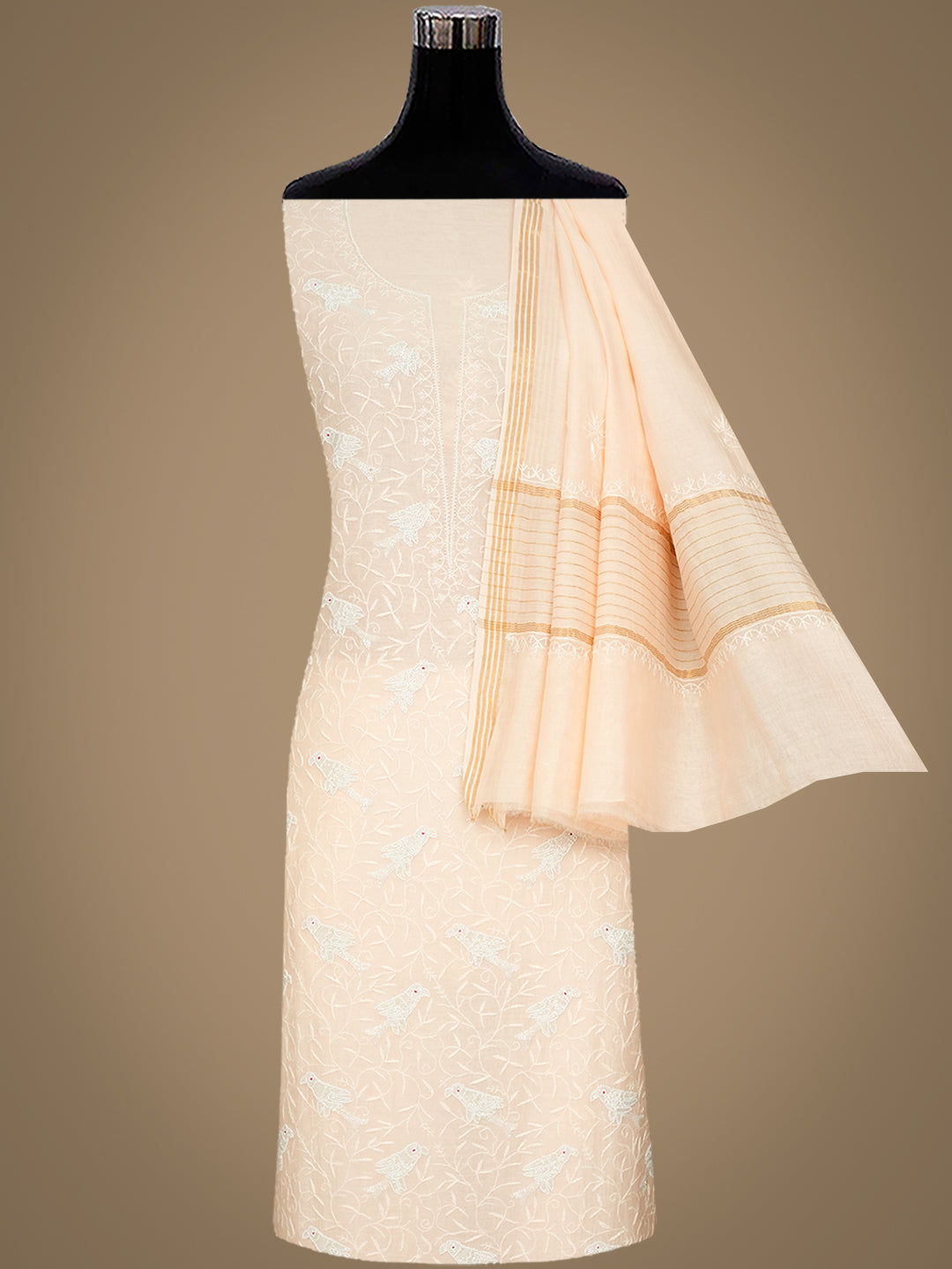 Ada Hand Embroidered Peach Chanderi Lucknowi Chikankari Unstitched Kurta Dupatta Set with Pearl Work 01A841073