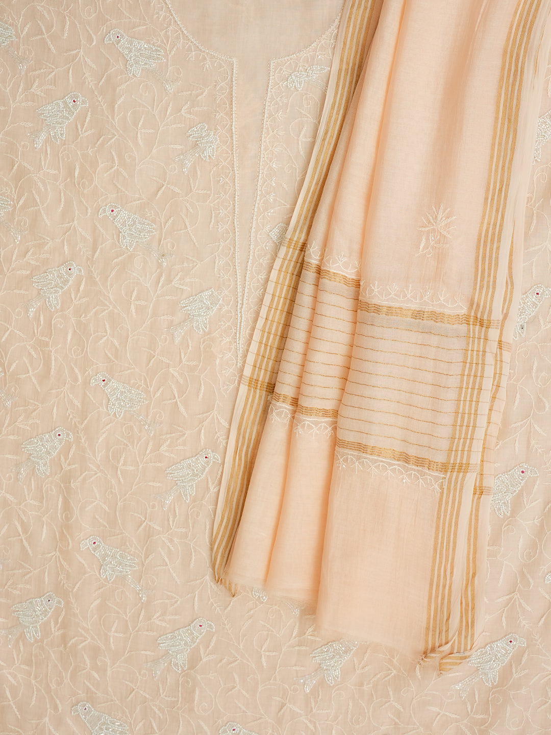 Ada Hand Embroidered Peach Chanderi Lucknowi Chikankari Unstitched Kurta Dupatta Set with Pearl Work 01A841073