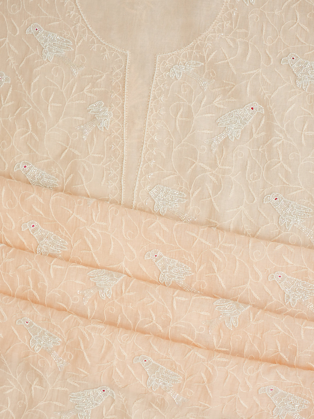 Ada Hand Embroidered Peach Chanderi Lucknowi Chikankari Unstitched Kurta Dupatta Set with Pearl Work 01A841073
