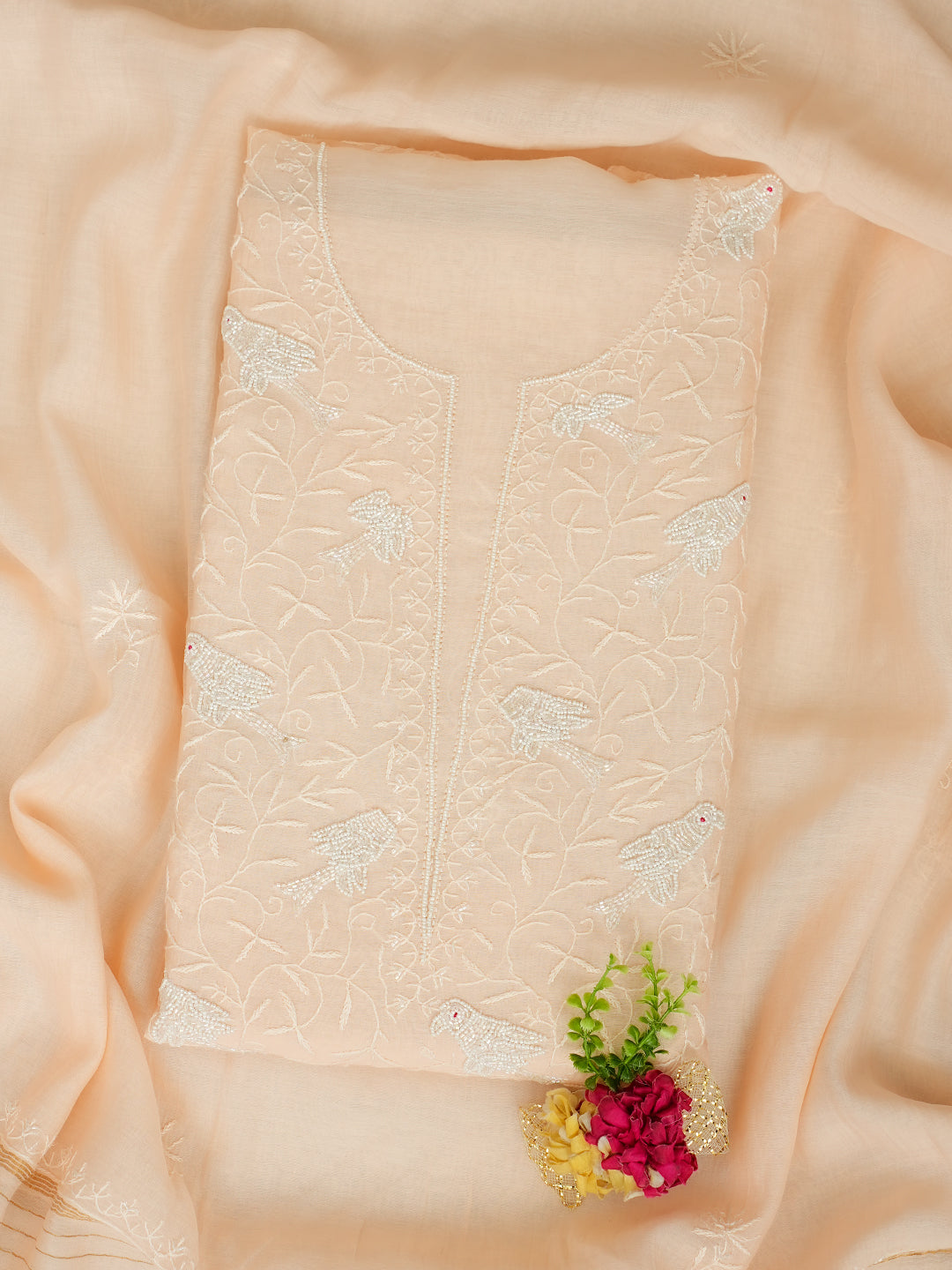 Ada Hand Embroidered Peach Chanderi Lucknowi Chikankari Unstitched Kurta Dupatta Set with Pearl Work 01A841073