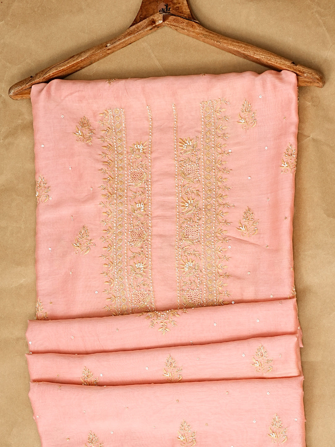 Ada Hand Embroidered Peach Chanderi Lucknowi Chikankari Unstitched Kurta With Sequinned Work_1