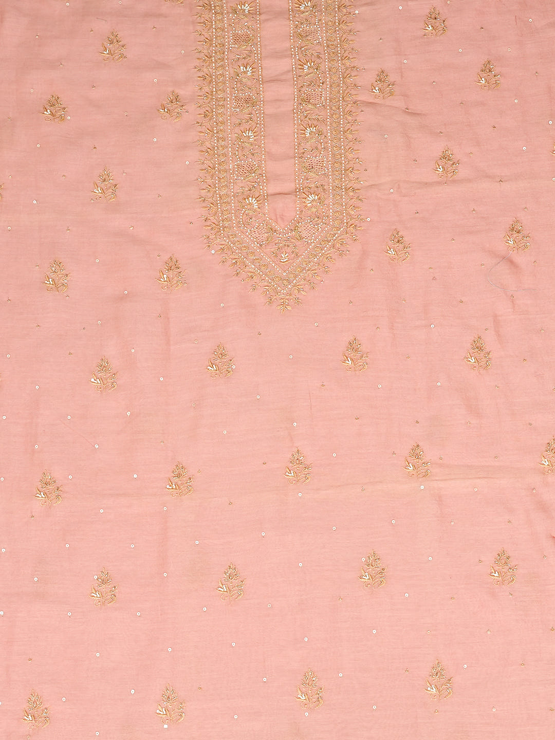 Ada Hand Embroidered Peach Chanderi Lucknowi Chikankari Unstitched Men's Kurta With Sequinned Work_2