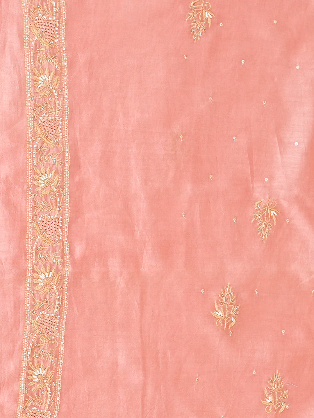 Ada Hand Embroidered Peach Chanderi Lucknowi Chikankari Unstitched Men's Kurta With Sequinned Work_4