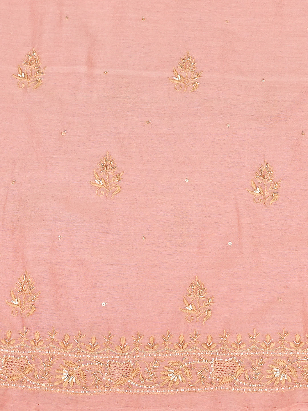 Ada Hand Embroidered Peach Chanderi Lucknowi Chikankari Unstitched Men's Kurta With Sequinned Work_5