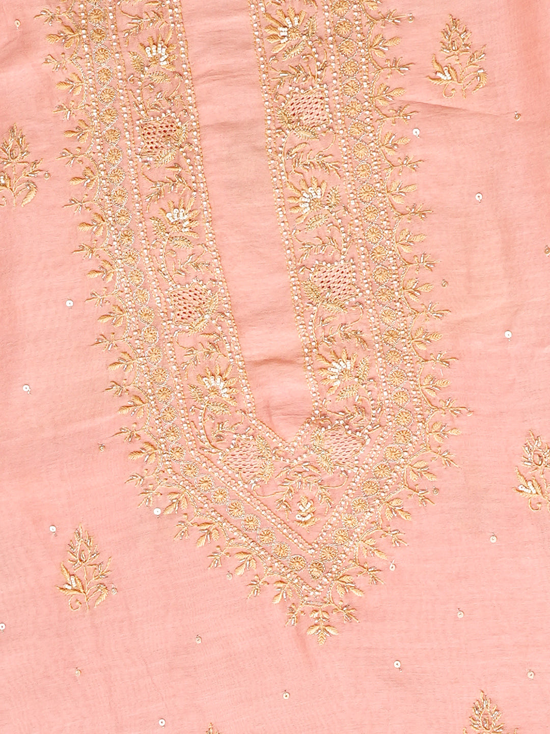 Ada Hand Embroidered Peach Chanderi Lucknowi Chikankari Unstitched Men's Kurta With Sequinned Work_6