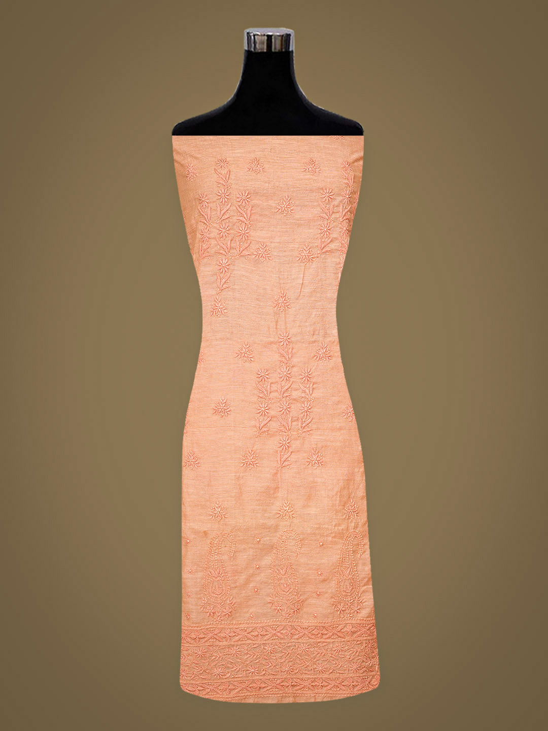 Ada Hand Embroidered Peach Chanderi Unstitched Lucknowi Chikankari Kurta Dupatta Set 01A420813