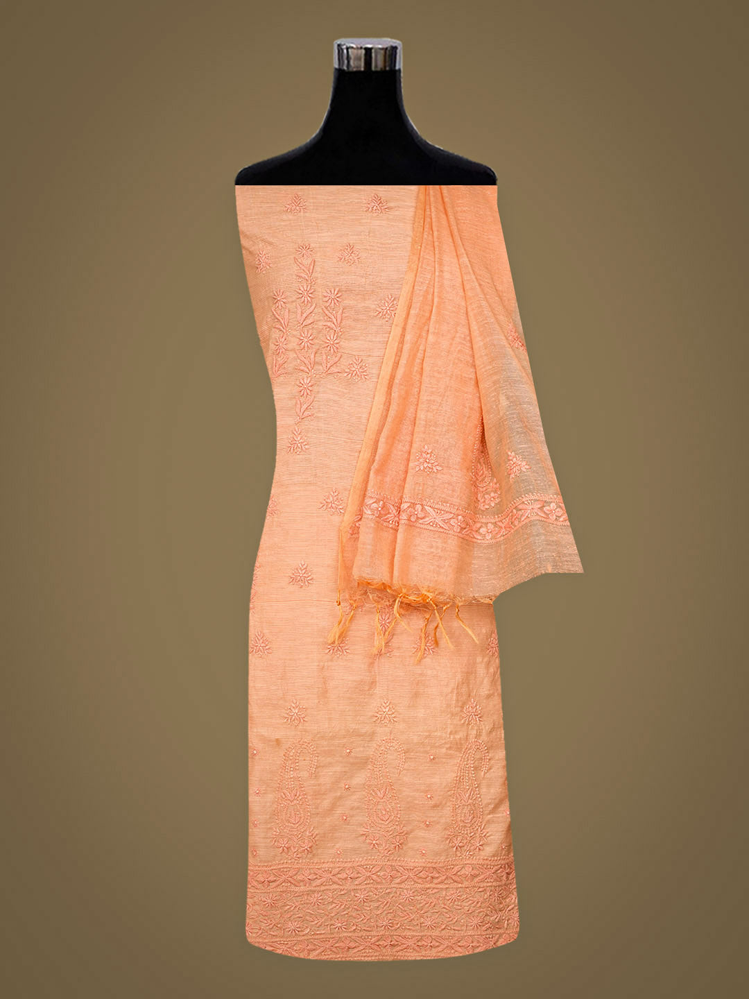 Ada Hand Embroidered Peach Chanderi Unstitched Lucknowi Chikankari Kurta Dupatta 01A420813