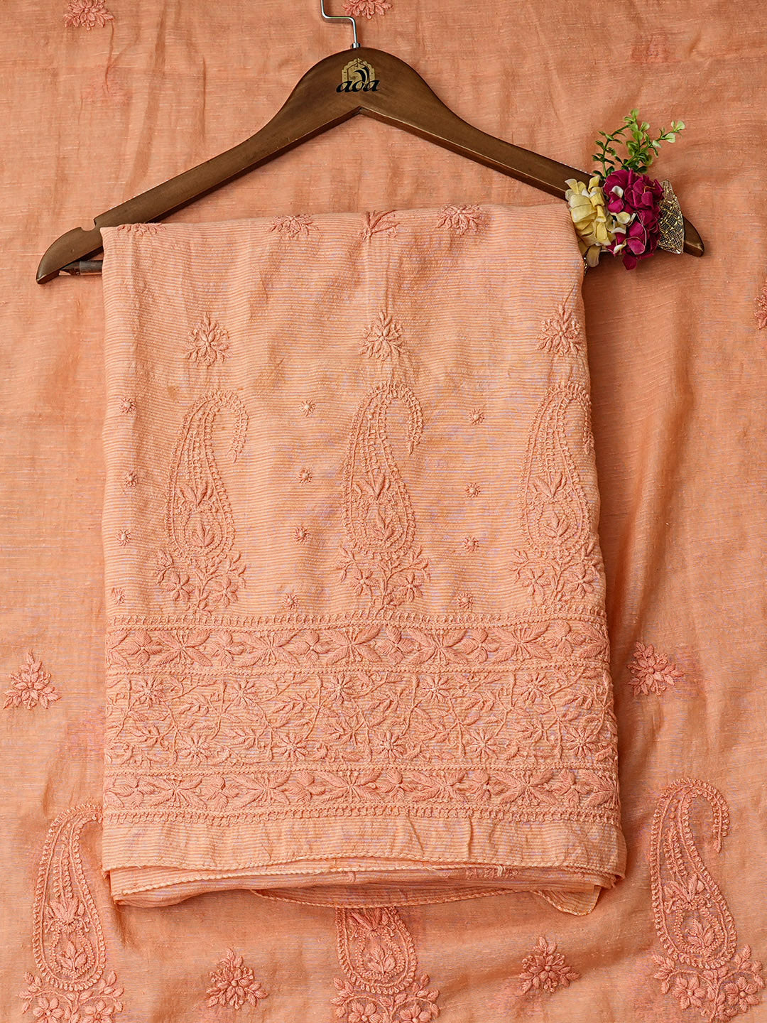 Ada Hand Embroidered Peach Chanderi Unstitched Lucknowi Chikankari Kurta Dupatta 01A420813