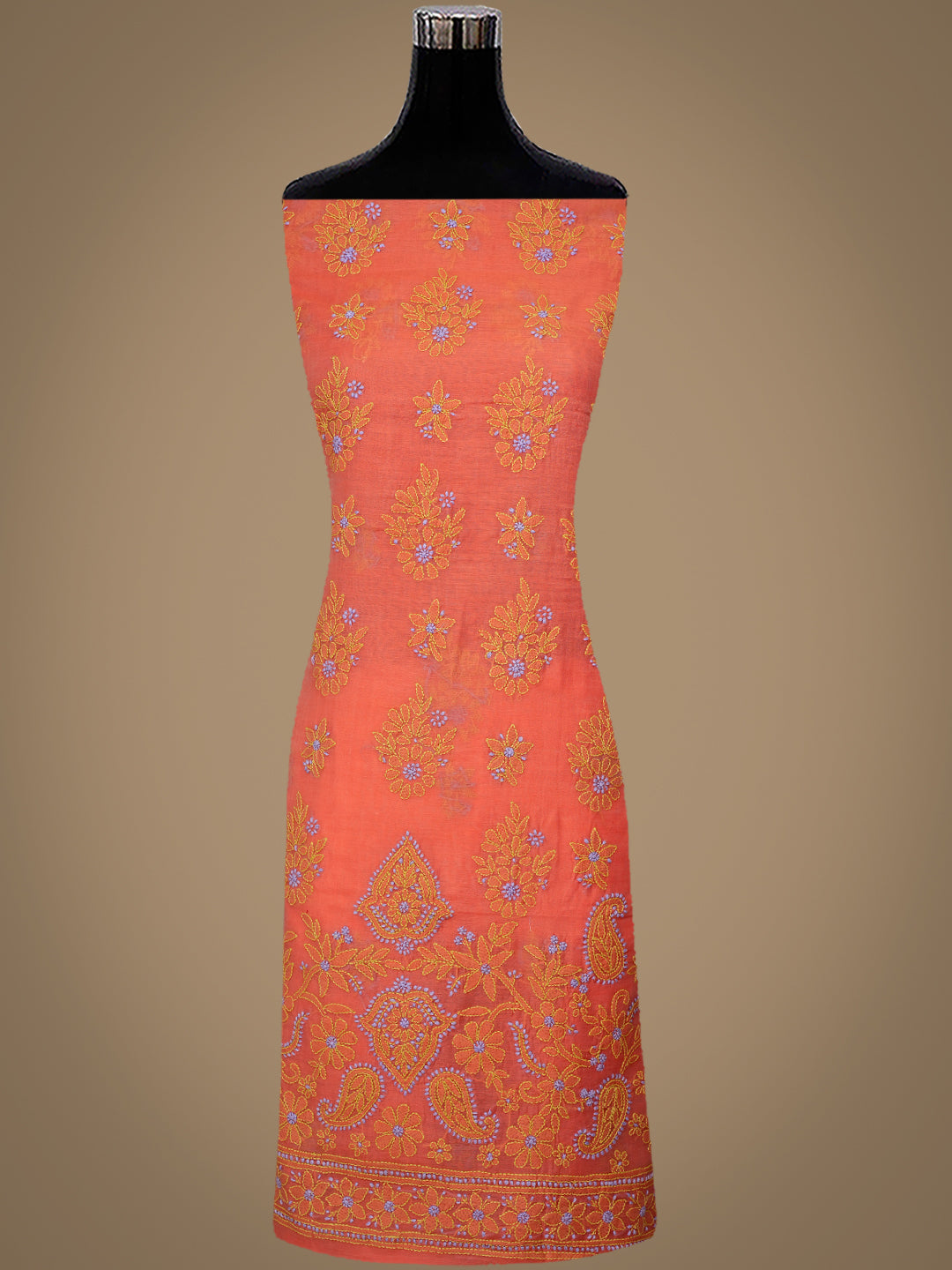 Ada Hand Embroidered Peach Chanderi Unstitched Lucknowi Chikankari Kurta Dupatta Set 01A999137