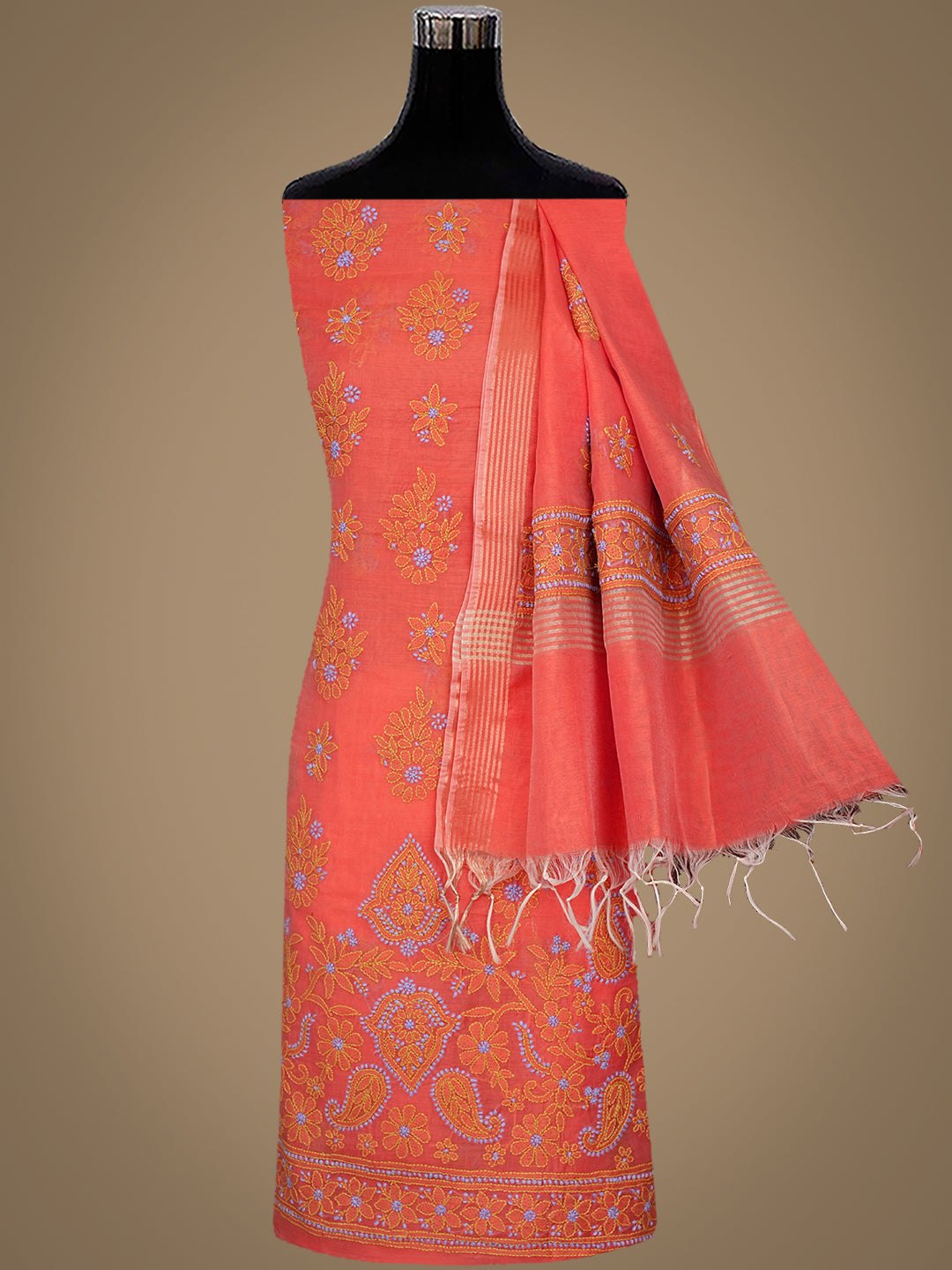 Ada Hand Embroidered Peach Chanderi Unstitched Lucknowi Chikankari Kurta Dupatta Set 01A999137