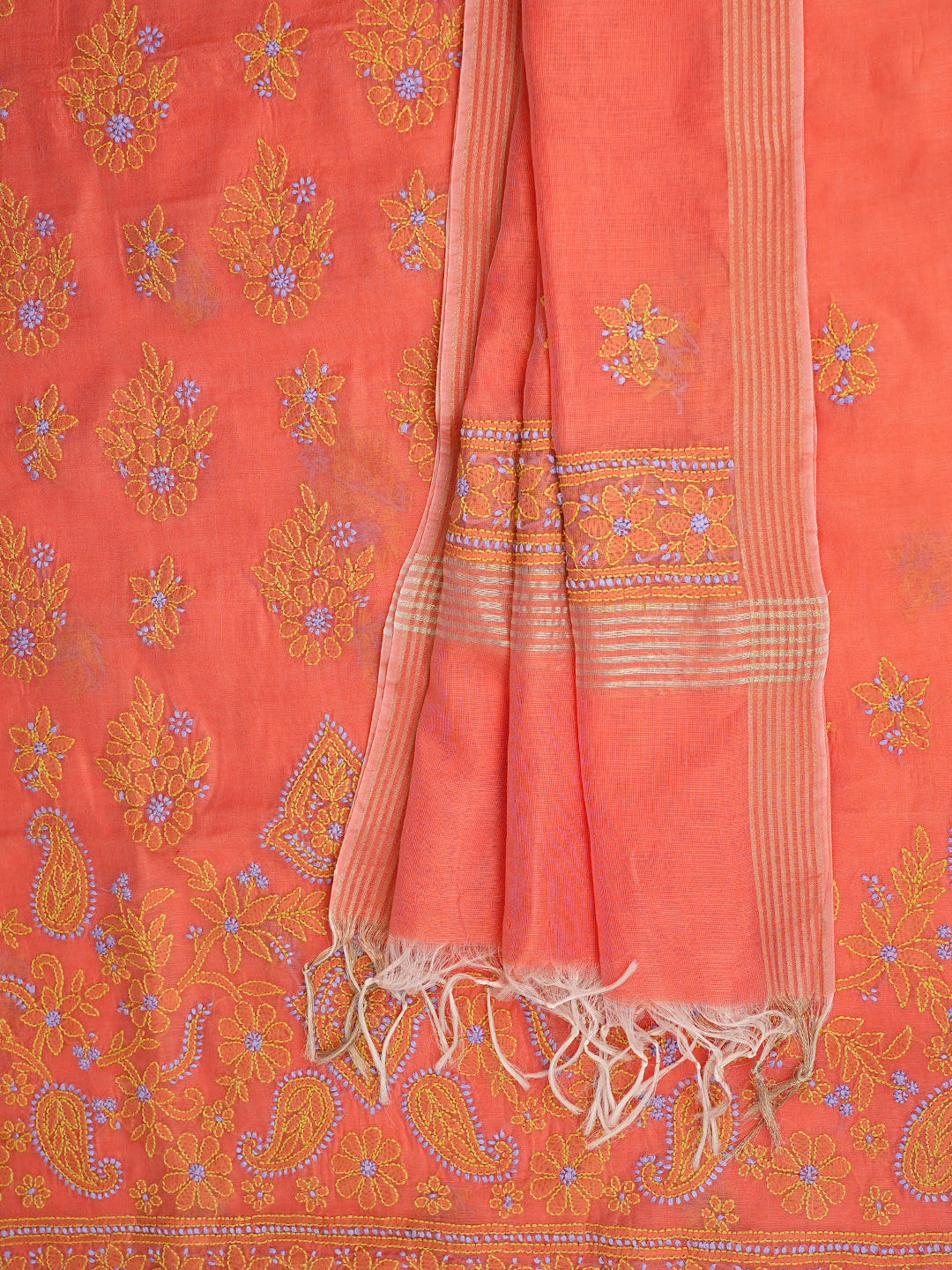 Ada Hand Embroidered Peach Chanderi Unstitched Lucknowi Chikankari Kurta Dupatta Set 01A999137