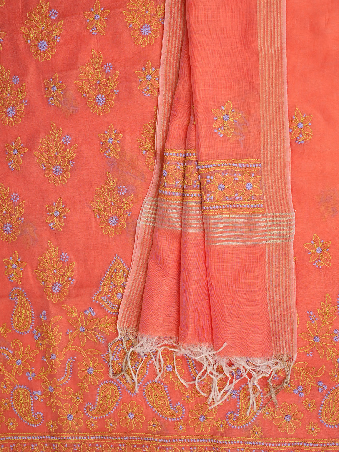 Ada Hand Embroidered Peach Chanderi Unstitched Lucknowi Chikankari Kurta Dupatta Set 01A999137