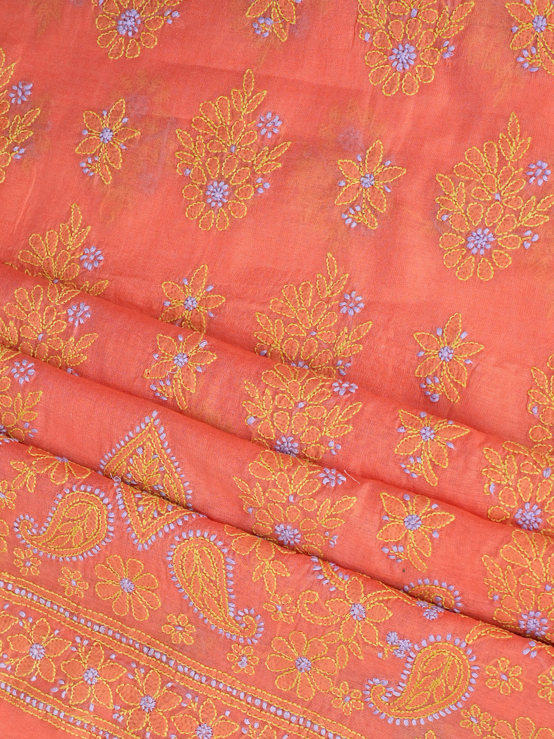 Ada Hand Embroidered Peach Chanderi Unstitched Lucknowi Chikankari Kurta Dupatta Set 01A999137