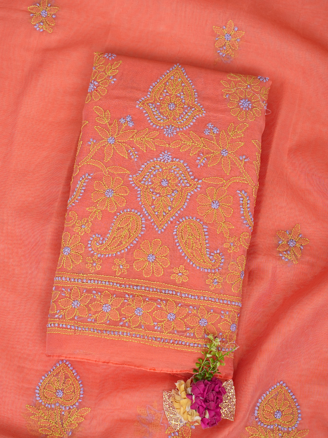 Ada Hand Embroidered Peach Chanderi Unstitched Lucknowi Chikankari Kurta Dupatta Set 01A999137