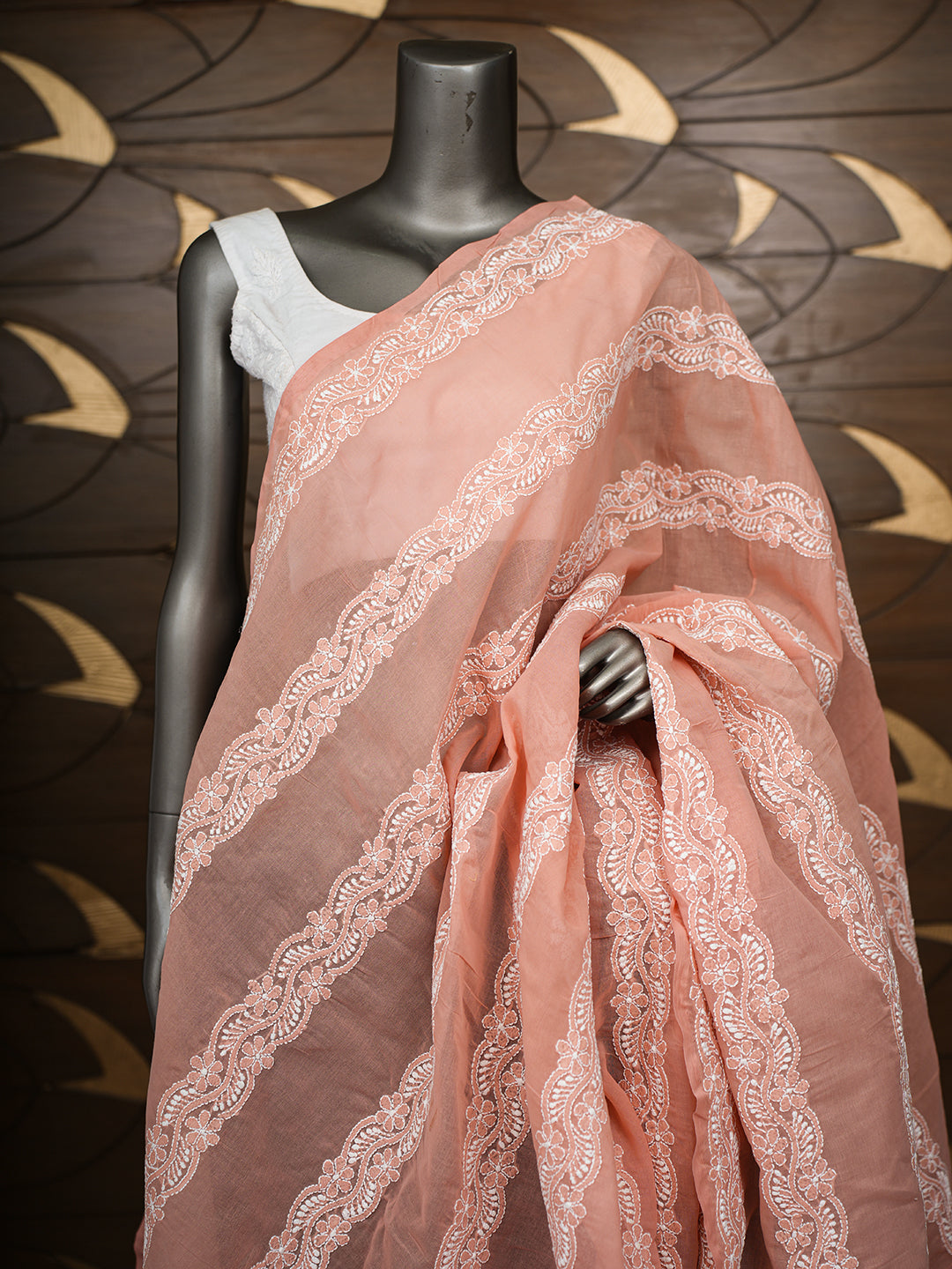Ada Hand Embroidered Peach Cotton Lucknowi Chikankari Dupatta 01A995749