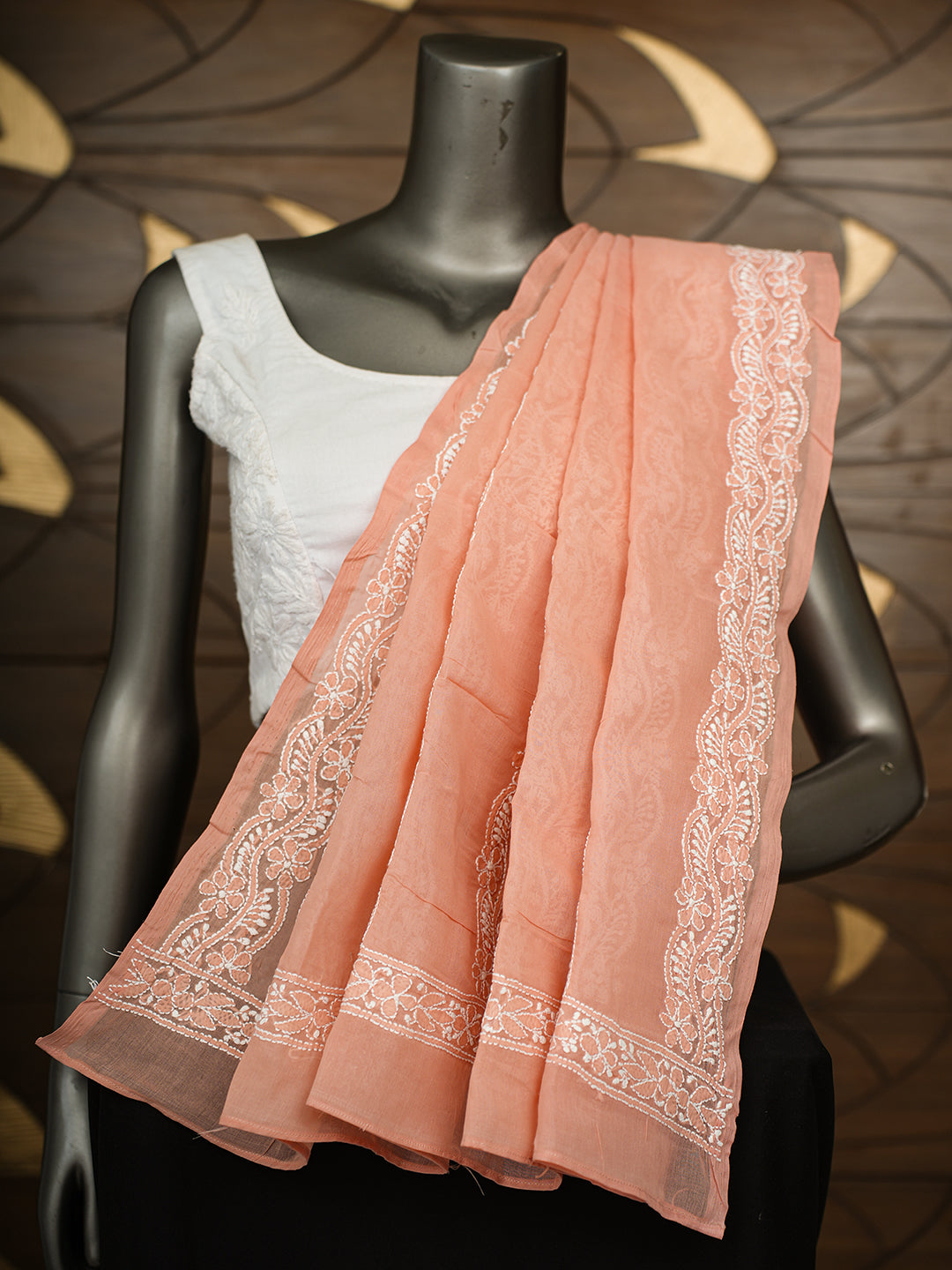 Ada Hand Embroidered Peach Cotton Lucknowi Chikankari Dupatta 01A995749
