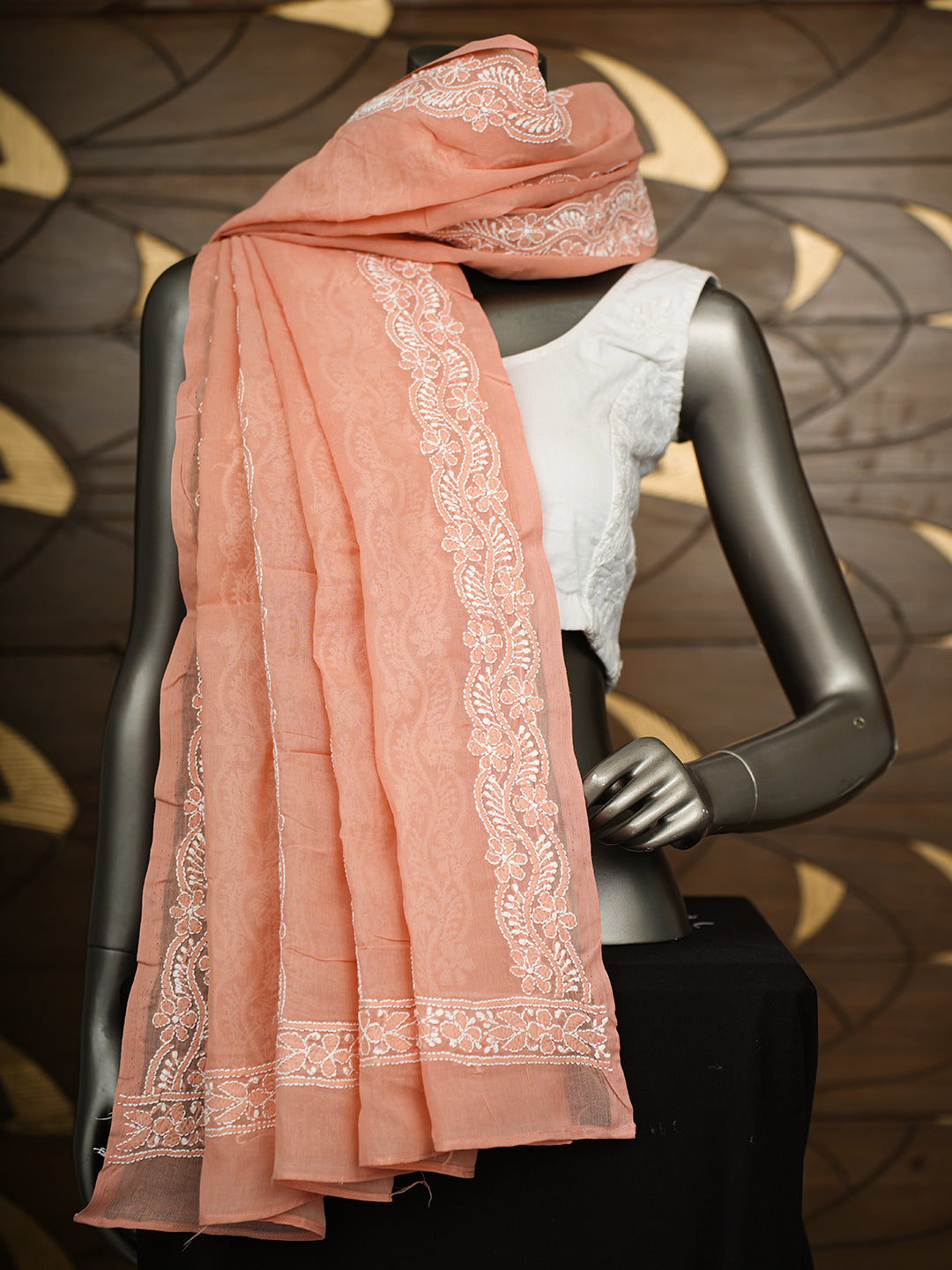 Ada Hand Embroidered Peach Cotton Lucknowi Chikankari Dupatta 01A995749