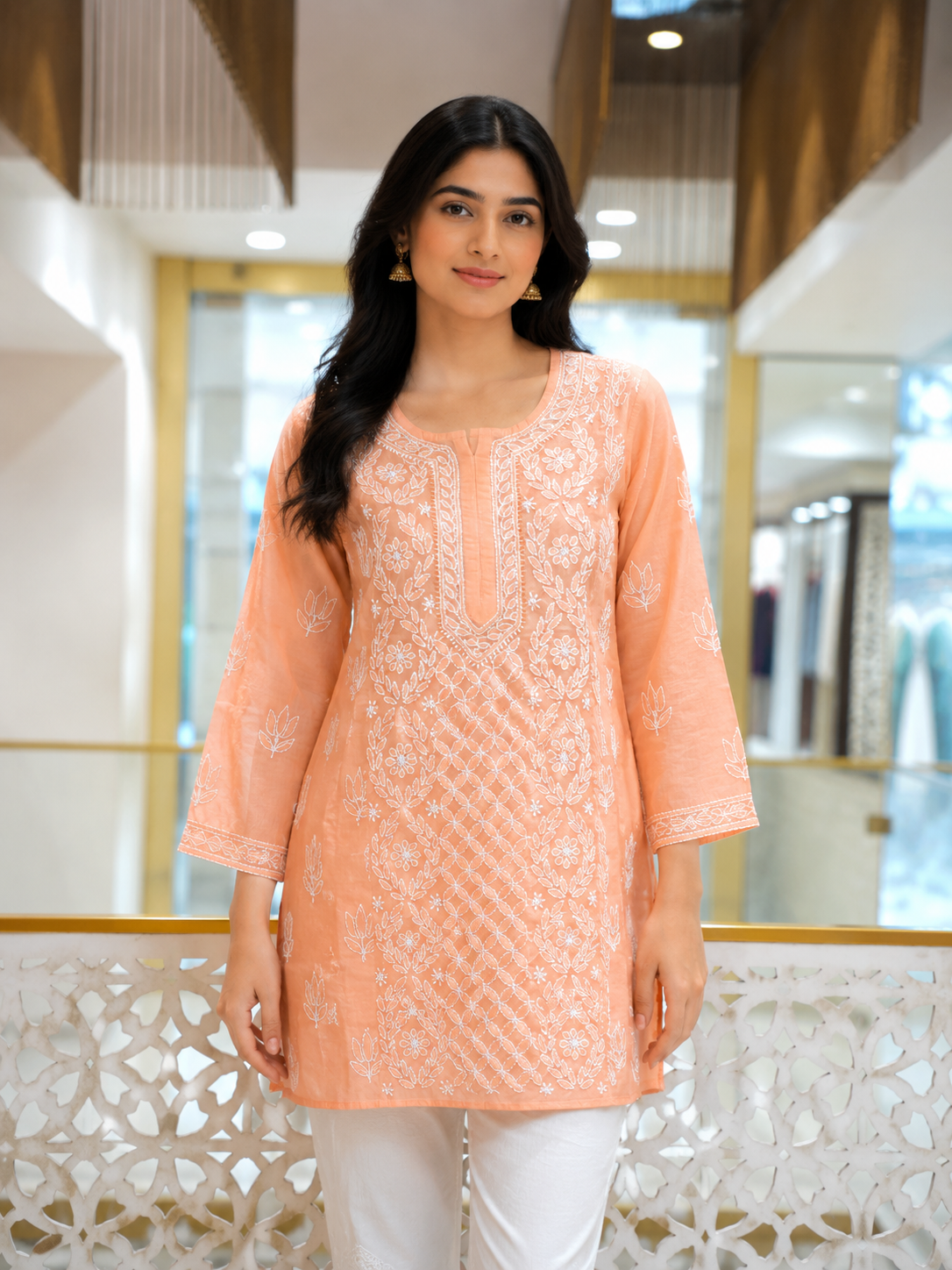 Ada Hand Embroidered Peach Cotton Lucknowi Chikankari Short Kurti A911596_2