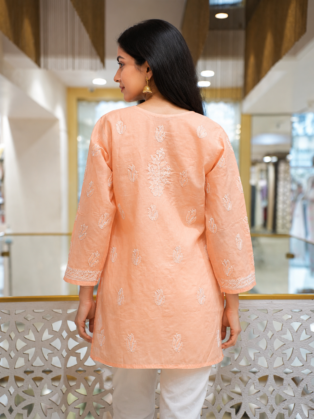 Ada Hand Embroidered Peach Cotton Lucknowi Chikankari Short Kurti A911596_3