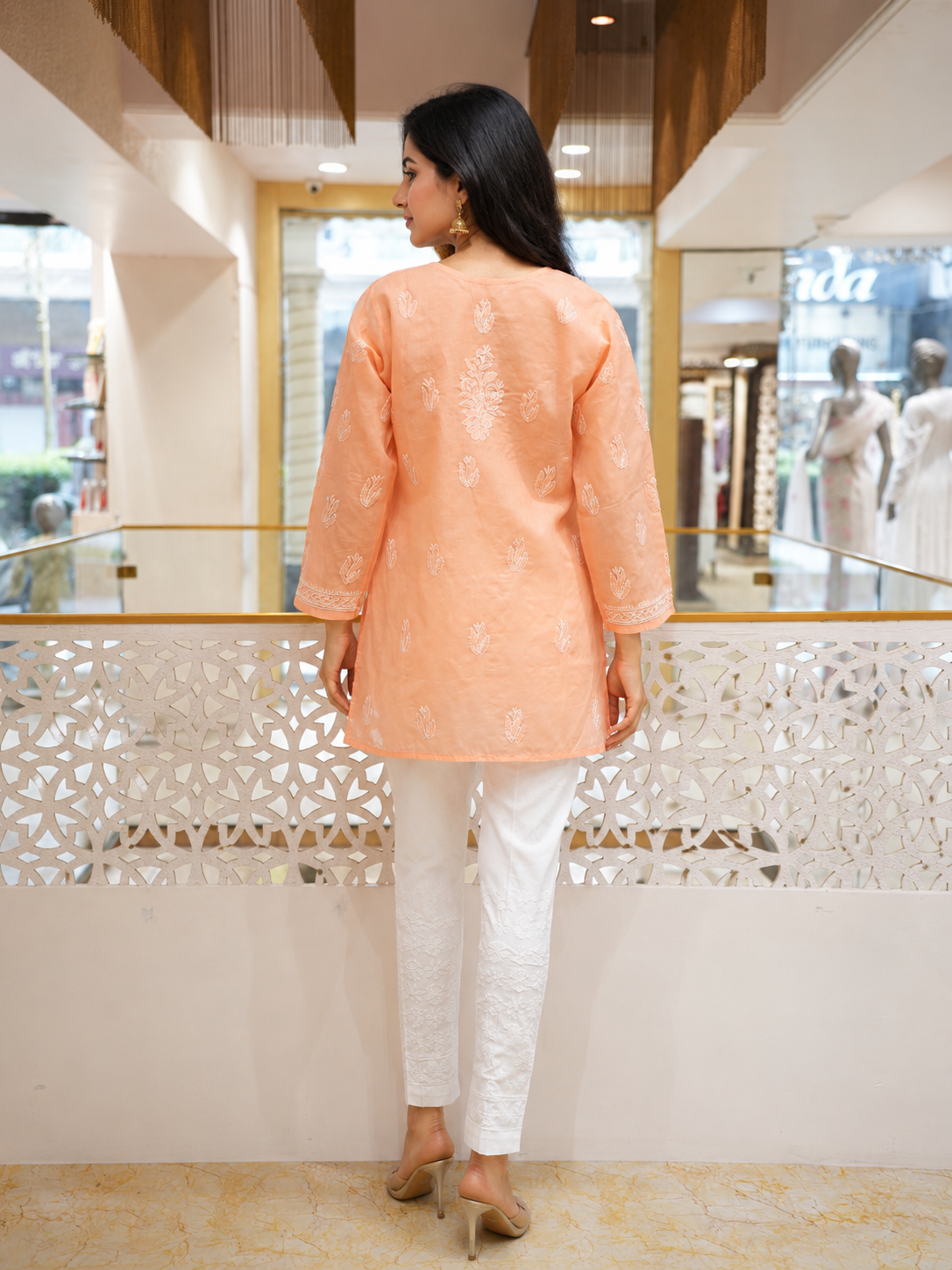 Ada Hand Embroidered Peach Cotton Lucknowi Chikankari Short Kurti A911596_4