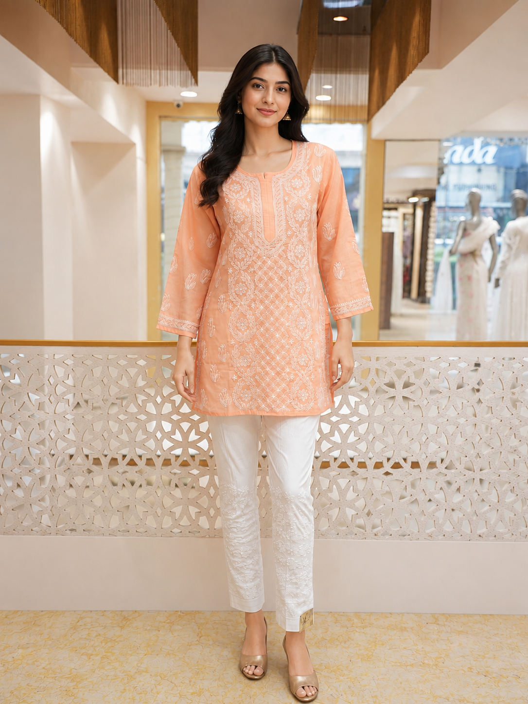 Ada Hand Embroidered Peach Cotton Lucknowi Chikankari Short Kurti A911596_5