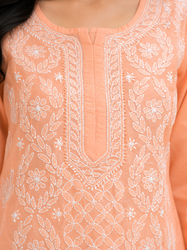 Ada Hand Embroidered Peach Cotton Lucknowi Chikankari Short Kurti A911604