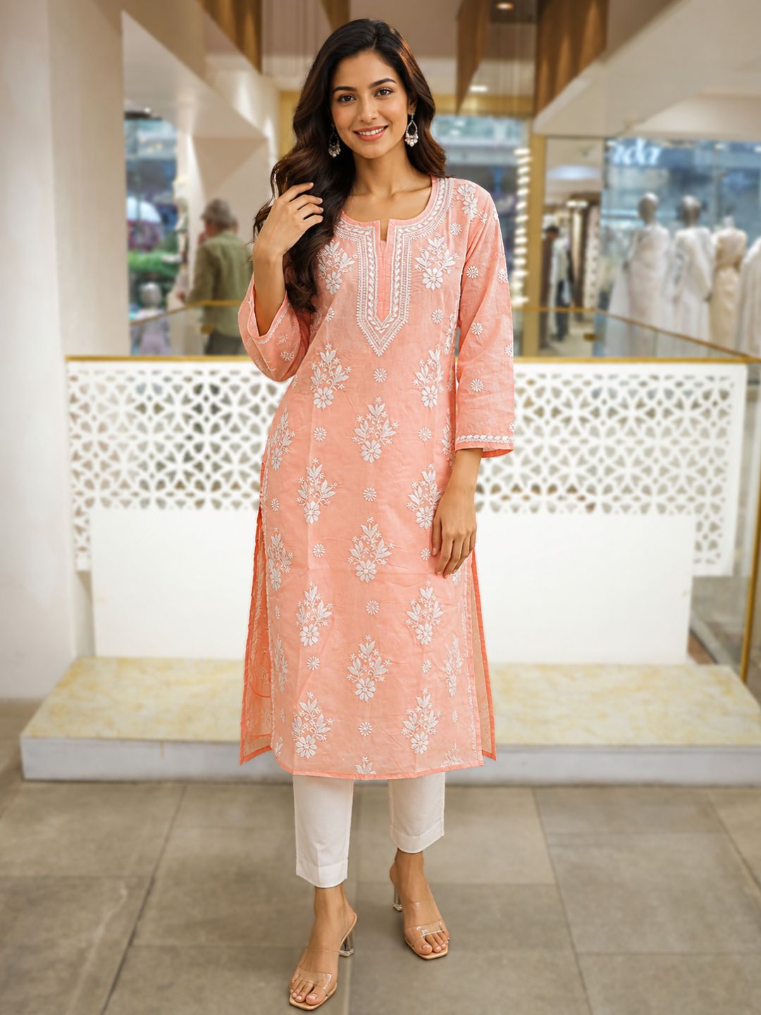 Ada Hand Embroidered Peach Cotton Lucknowi Chikankari Straight Kurta A011130