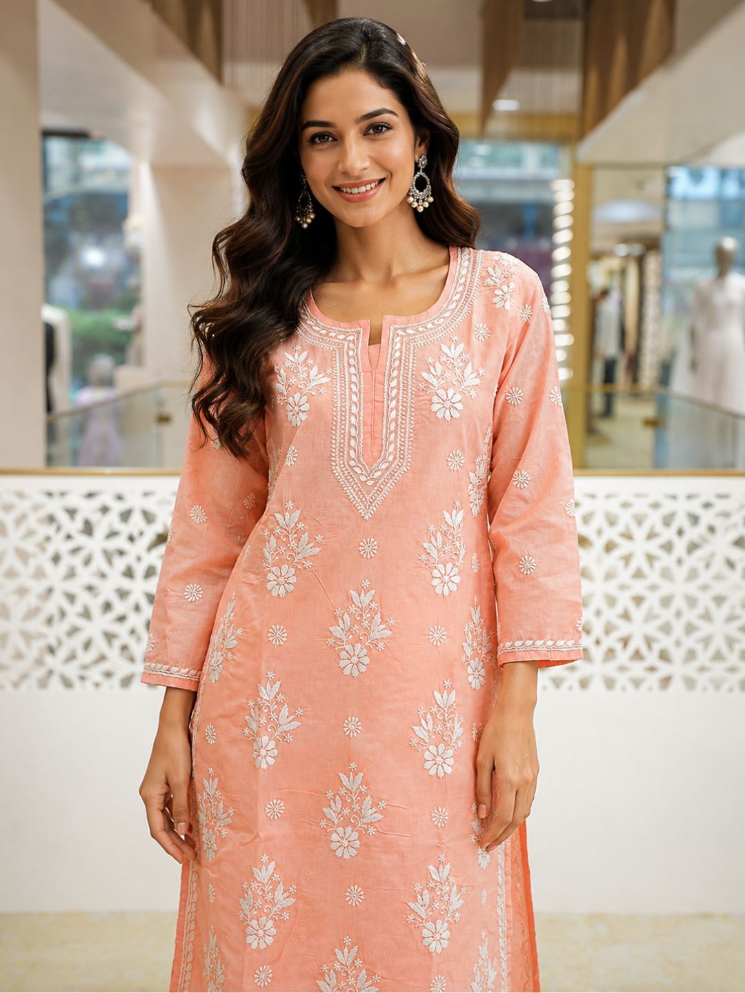 Ada Hand Embroidered Peach Cotton Lucknowi Chikankari Straight Kurta A011130
