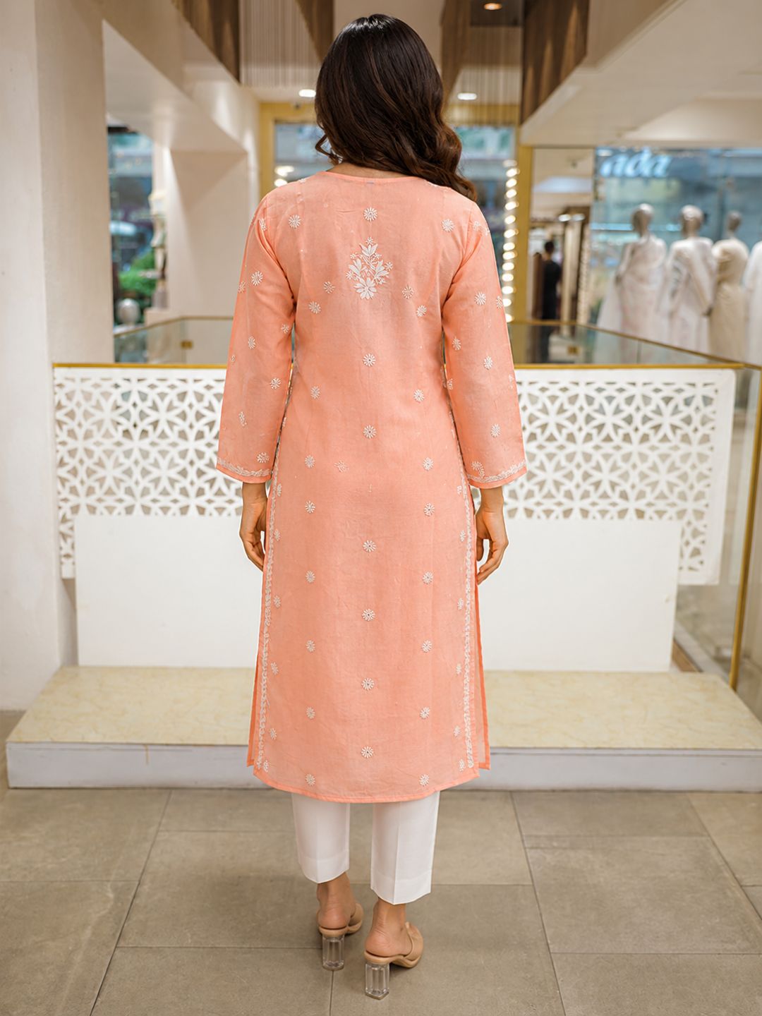 Ada Hand Embroidered Peach Cotton Lucknowi Chikankari Straight Kurta A011130