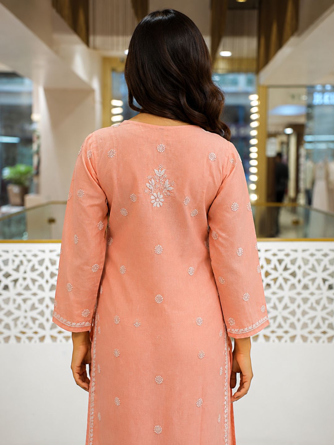 Ada Hand Embroidered Peach Cotton Lucknowi Chikankari Straight Kurta A011130