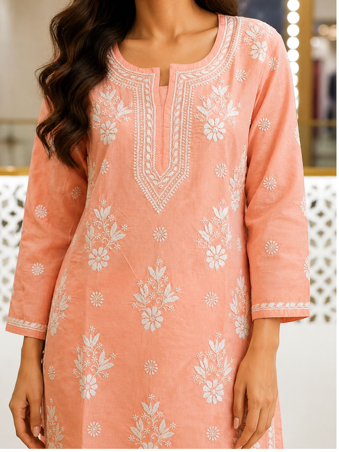 Ada Hand Embroidered Peach Cotton Lucknowi Chikankari Straight Kurta A011130
