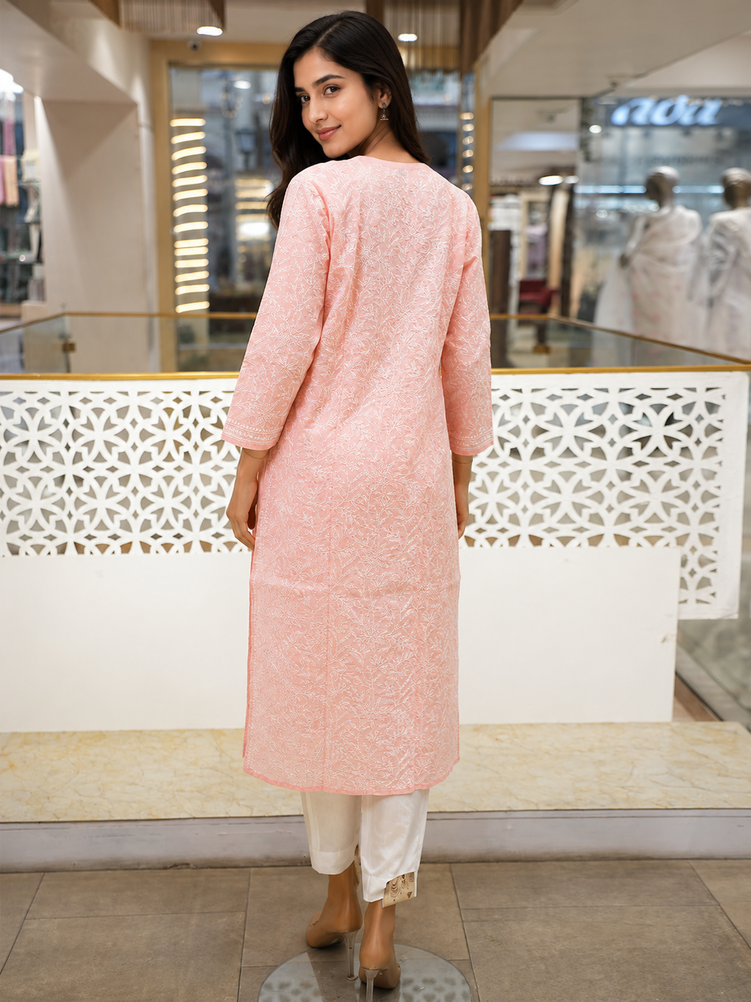 Ada Hand Embroidered Peach Cotton Lucknowi Chikankari Straight Kurta A011136