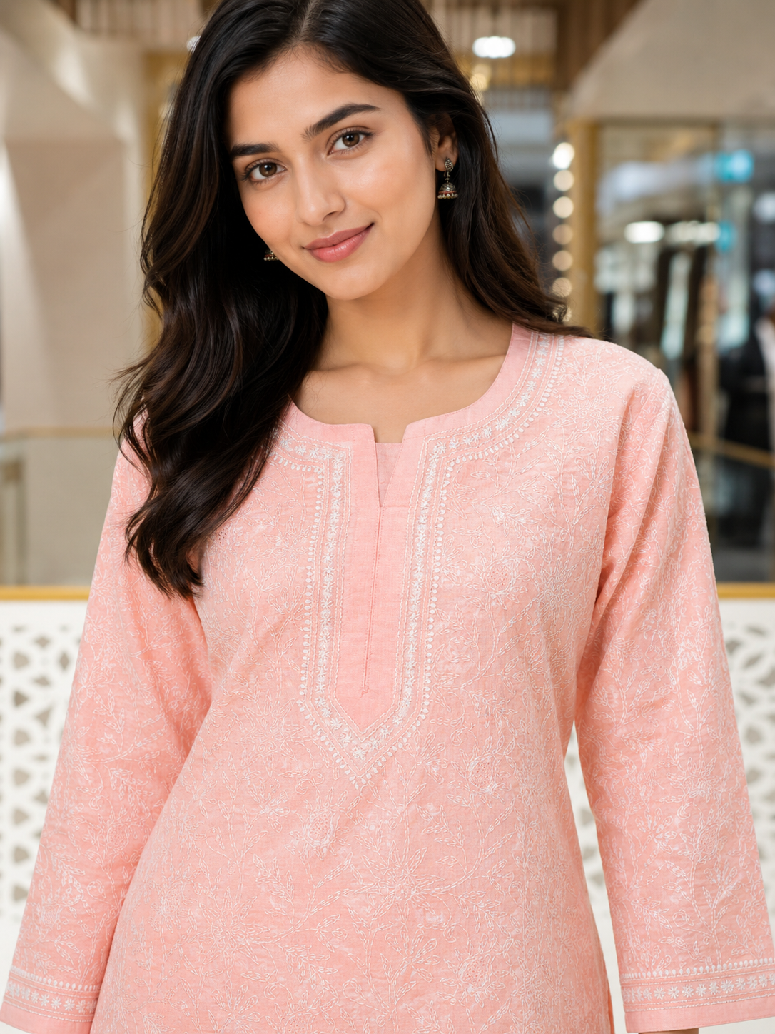 Ada Hand Embroidered Peach Cotton Lucknowi Chikankari Straight Kurta A011136