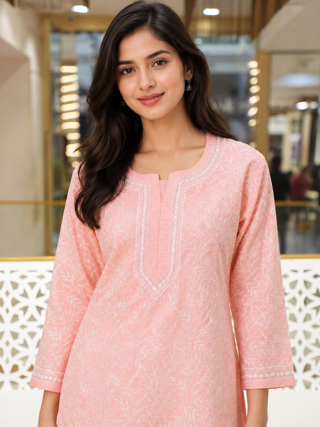 Ada Hand Embroidered Peach Cotton Lucknowi Chikankari Straight Kurta A011136